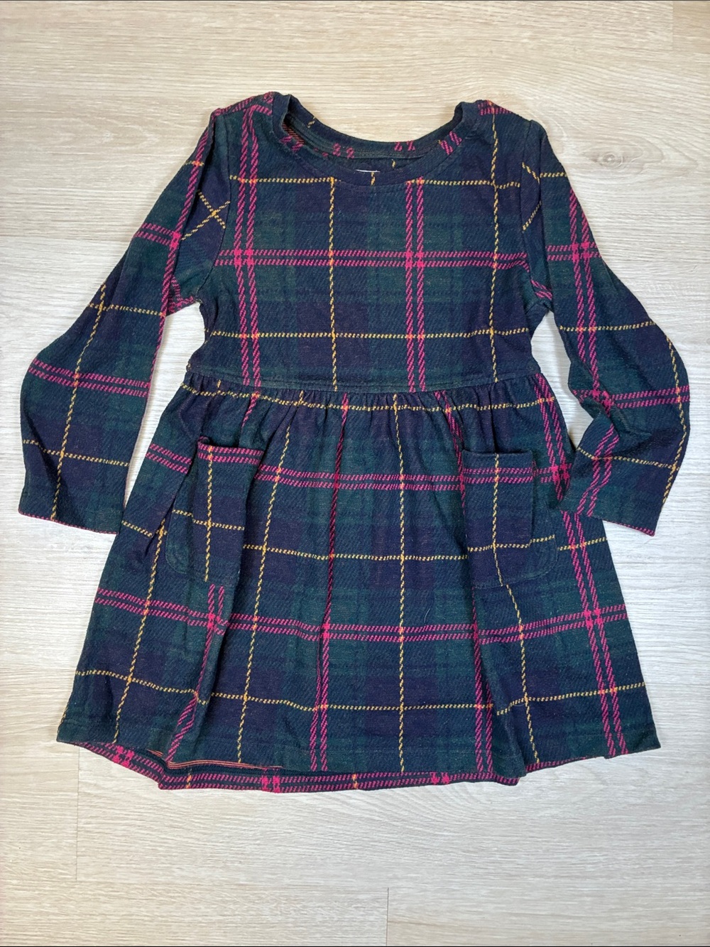 FAHERTY Girls Dark Green Plaid Long-Sleeve Dress